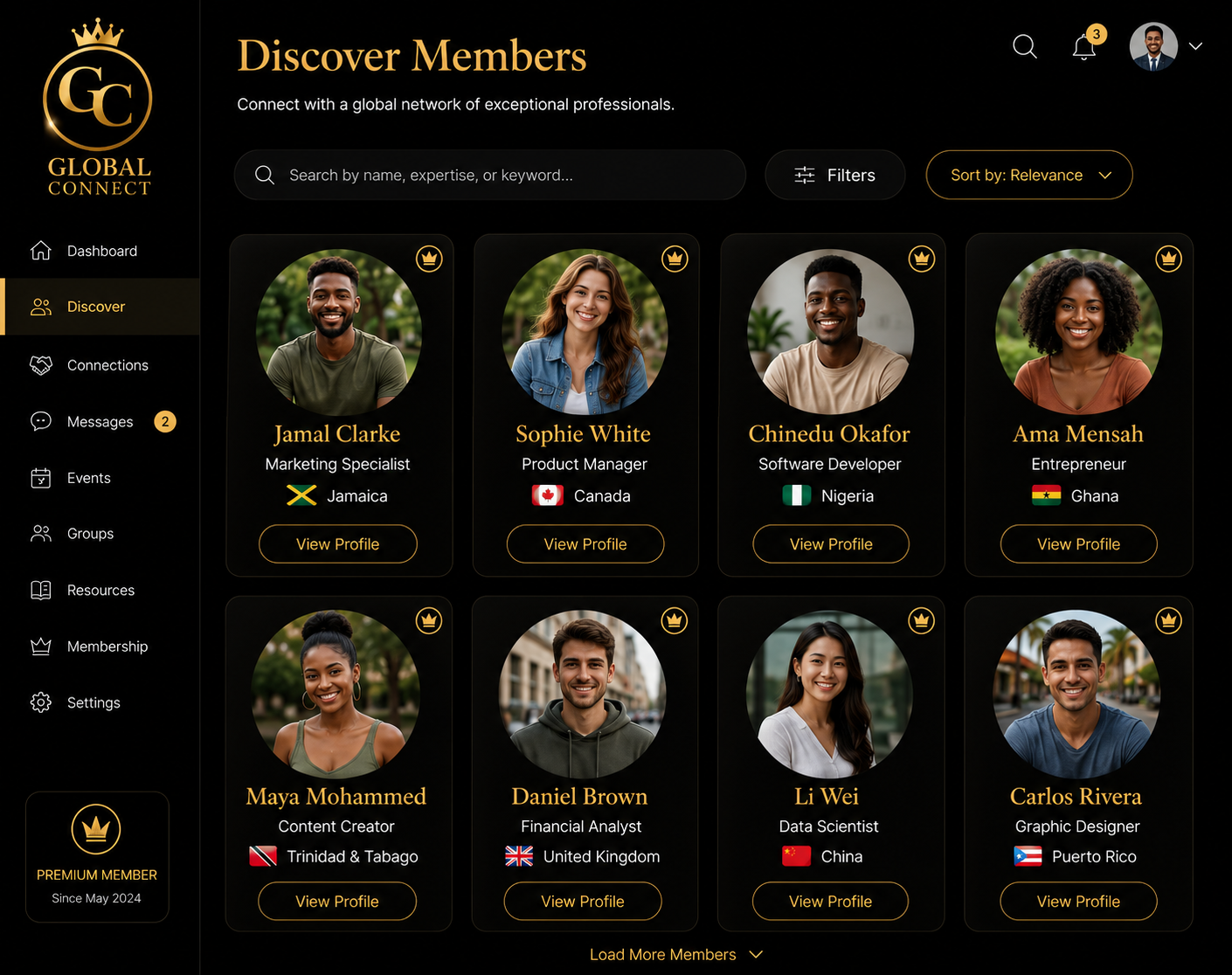 Discover Members page showing a diverse global directory of community members